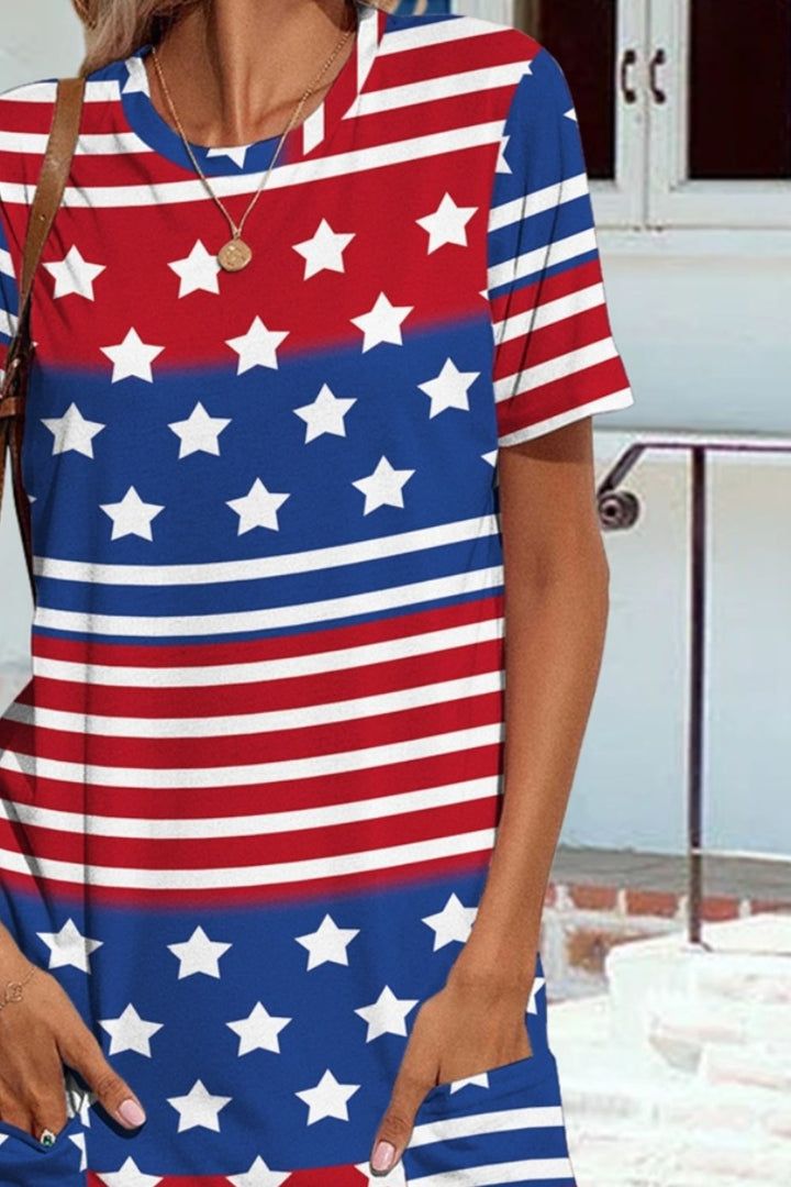 Pocketd US Flag Printed Short Sleeve Dress | Trendsi