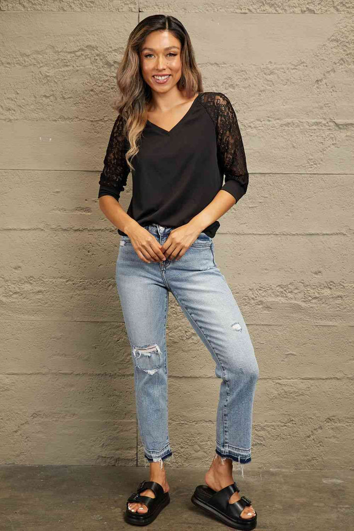 Double Take V-Neck Spliced Lace Raglan Sleeve Top | 1mrk.com