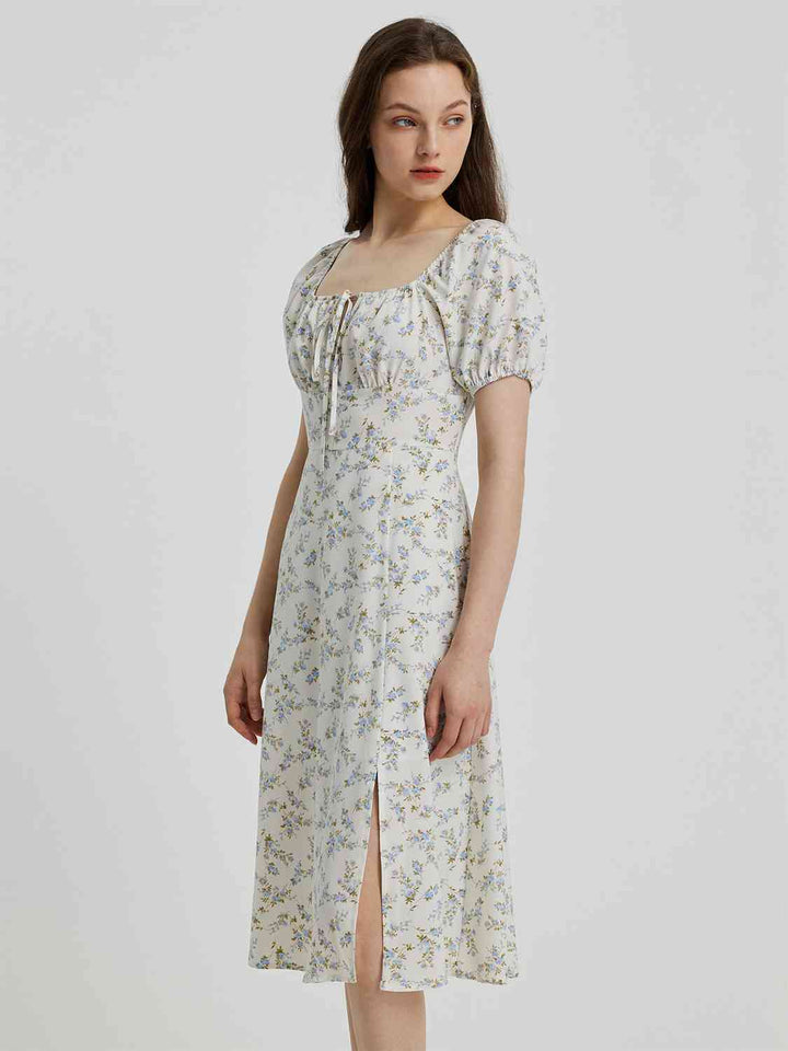 Printed Tie Front Square Neck Short Sleeve Slit Dress |1mrk.com