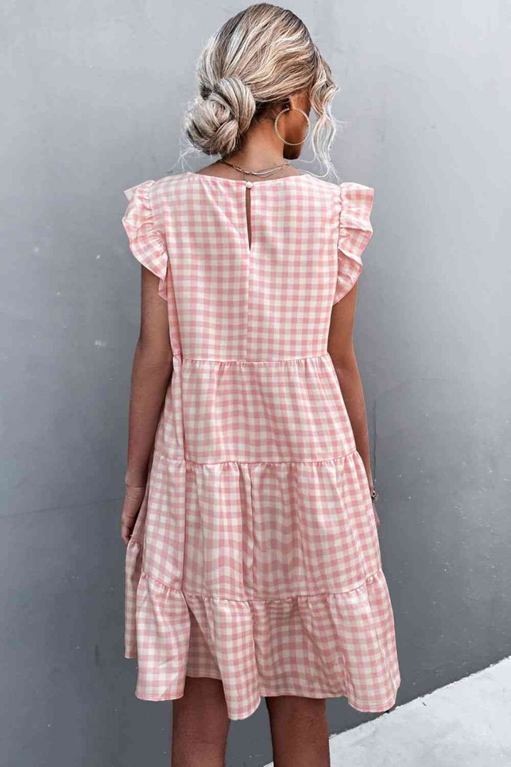 Gingham Ruffle Shoulder Tiered Dress |1mrk.com