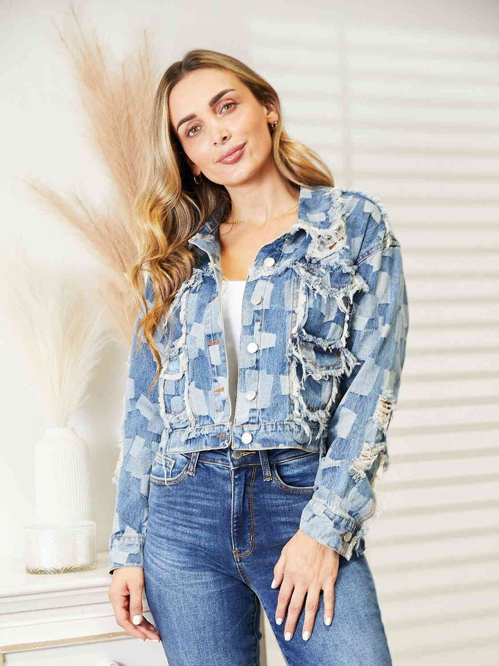 Plaid Raw Hem Dropped Shoulder Denim Jacket | 1mrk.com