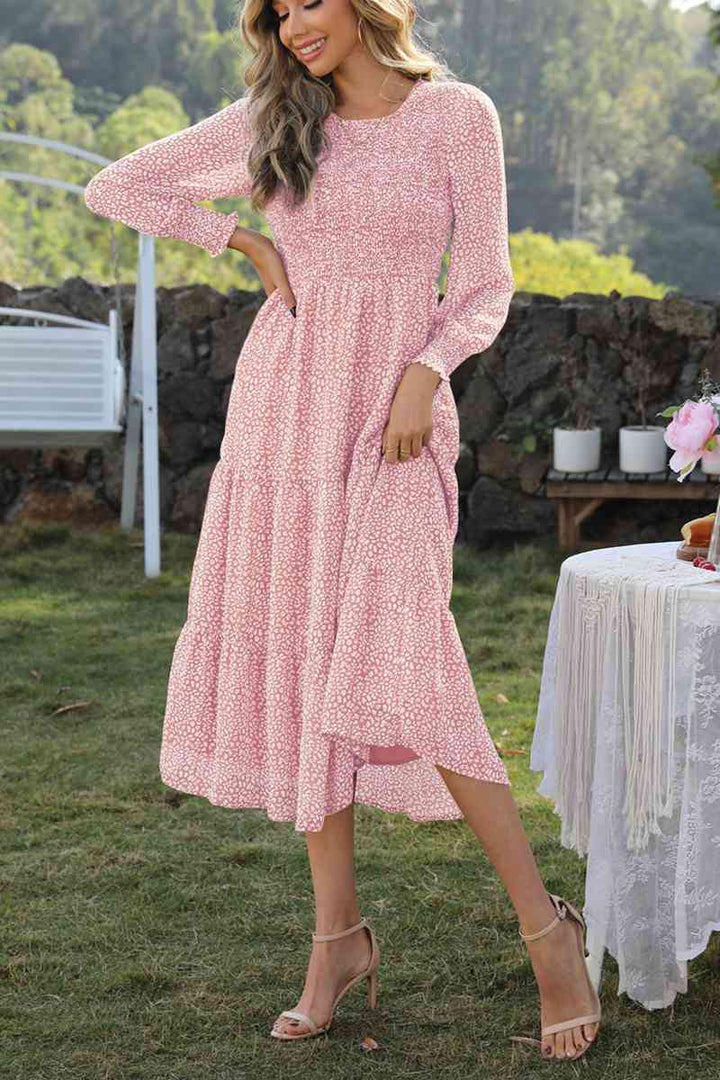 Round Neck Lantern Sleeve Midi Dress | 1mrk.com