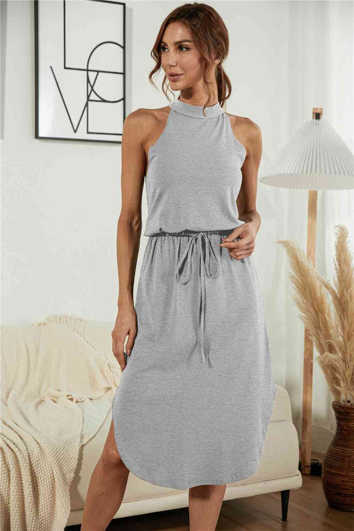 Drawstring Open Back Slit Sleeveless Dress |1mrk.com