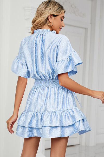 Smocked Tie Neck Flounce Sleeve Dress |1mrk.com