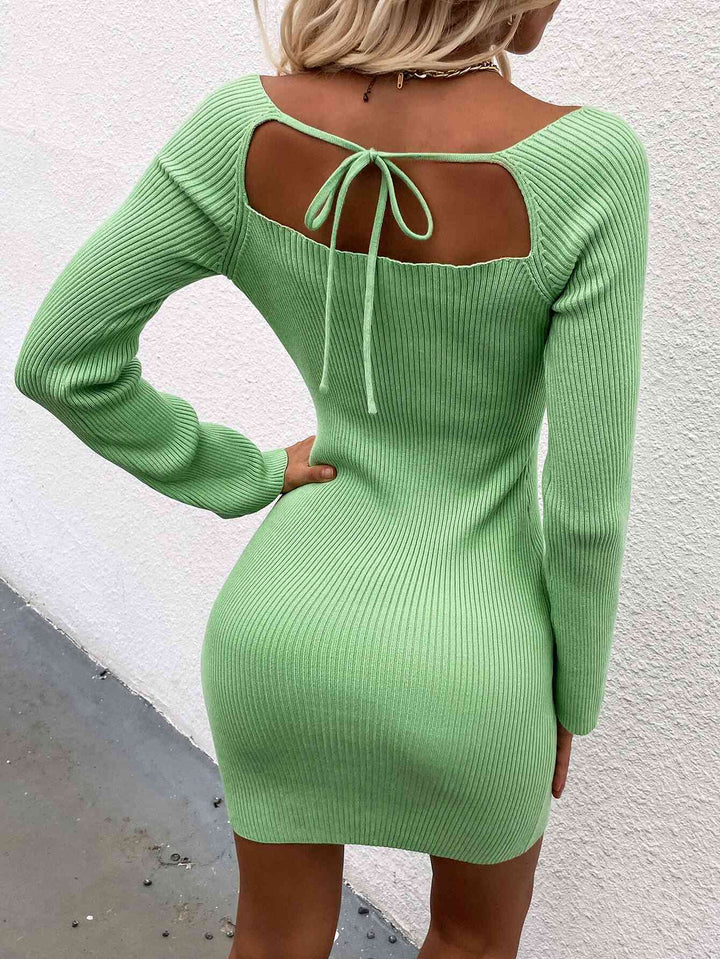 Tie Back Square Neck Long Sleeve Sweater Dress |1mrk.com