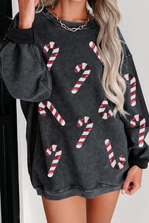 Sequin Candy Cane Round Neck Sweatshirt |1mrk.com