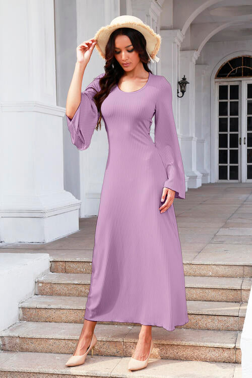 Tie Back Ribbed Round Neck Long Sleeve Dress | 1mrk.com