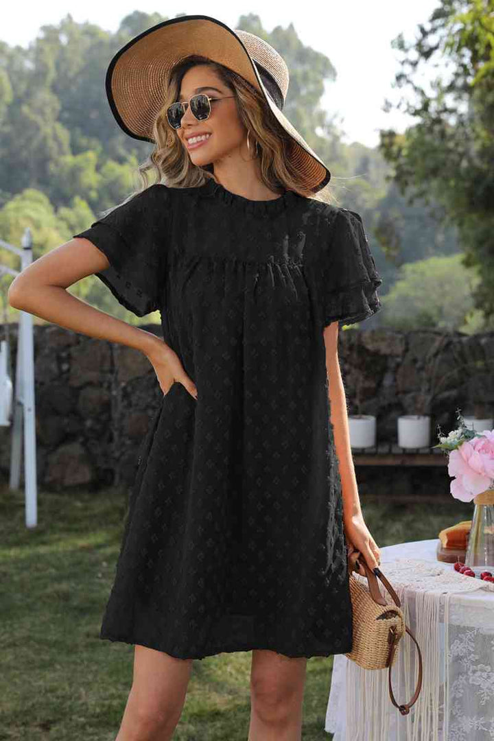 Swiss Dot Round Neck Flutter Sleeve Dress |1mrk.com