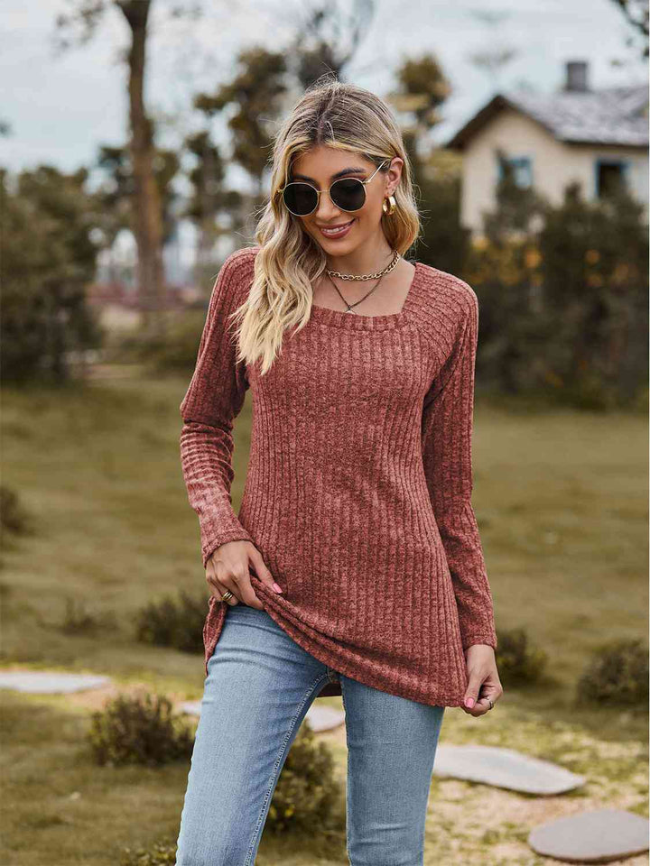 Full Size Ribbed Square Neck Long Sleeve T-Shirt | 1mrk.com