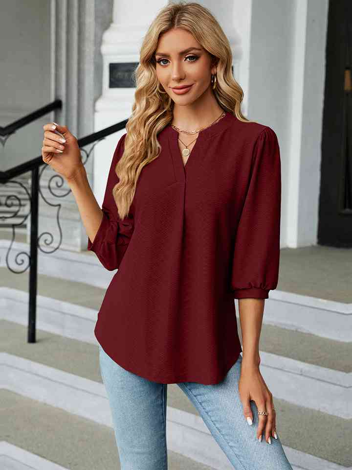 Notched Neck Three-Quarter Sleeve Blouse | 1mrk.com