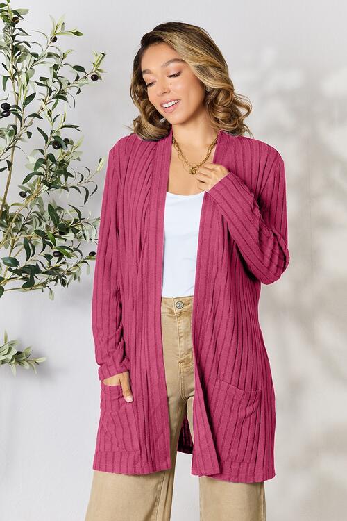 Basic Bae Full Size Ribbed Open Front Cardigan with Pockets | Trendsi