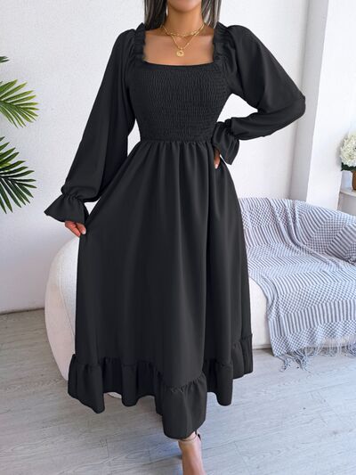 Smocked Square Neck Flounce Sleeve Dress |1mrk.com