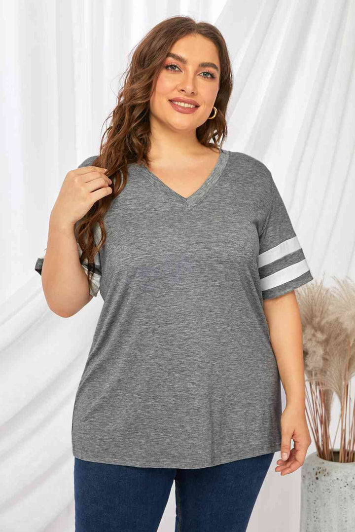 Plus Size Striped V-Neck Tee Shirt | 1mrk.com