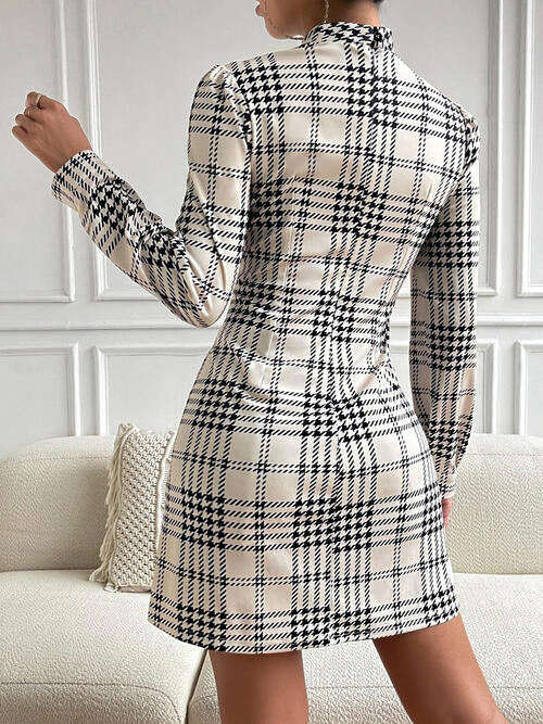 Houndstooth Mock Neck Cinched Mini Dress | 1mrk.com