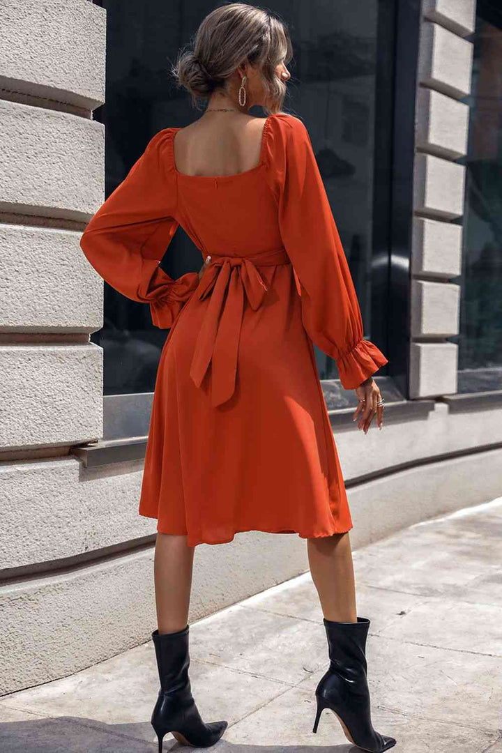 Square Neck Flounce Sleeve Midi Dress |1mrk.com