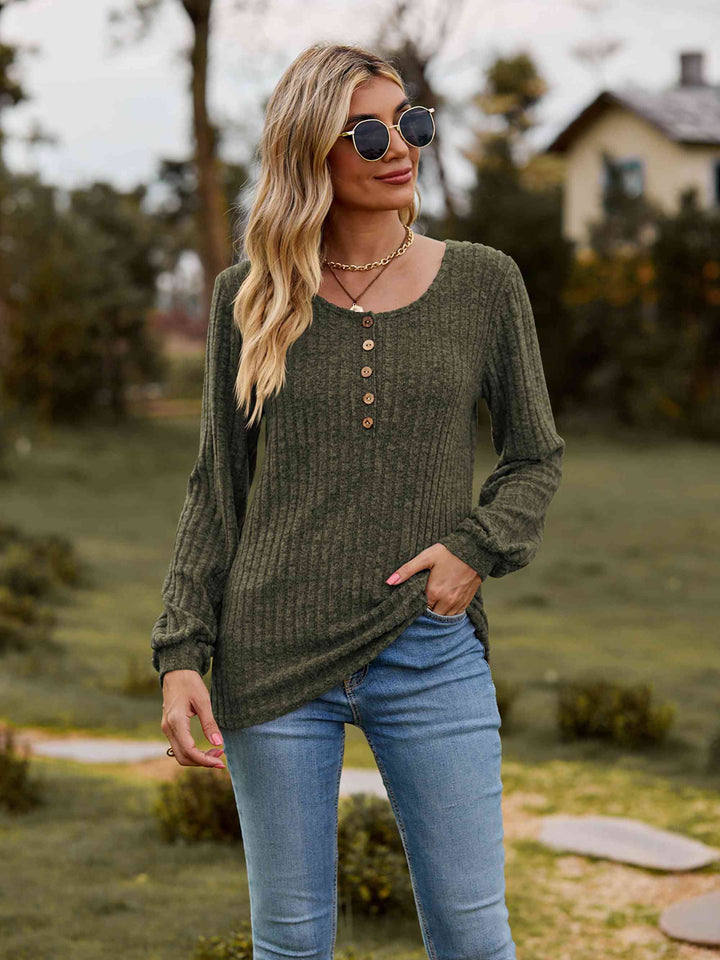 Round Neck Button-Down Long Sleeve Tee | 1mrk.com