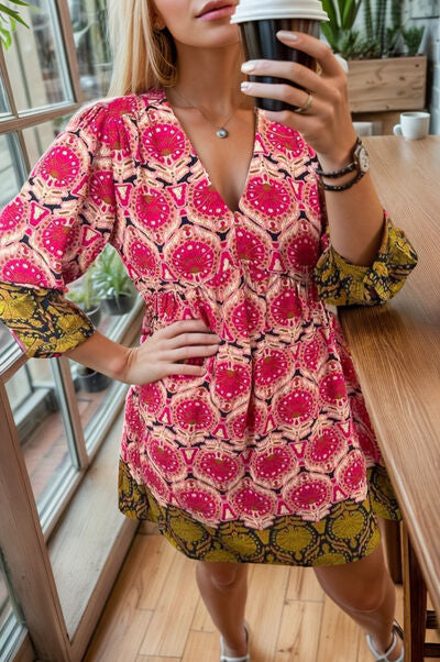 Printed V-Neck Three-Quarter Sleeve Dress |1mrk.com