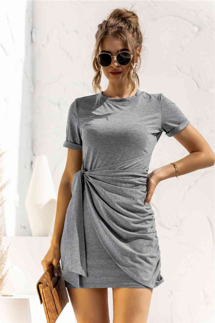 Round Neck Cuffed Sleeve Side Tie Dress |1mrk.com