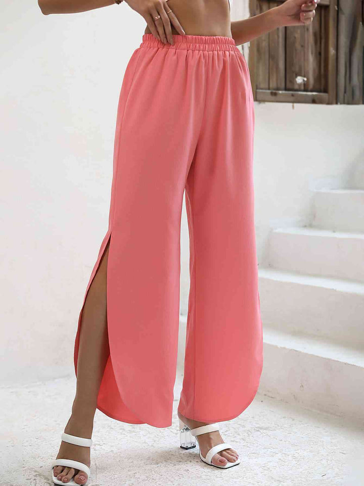 Elastic Waist Slit Wide Leg Pants | 1mrk.com