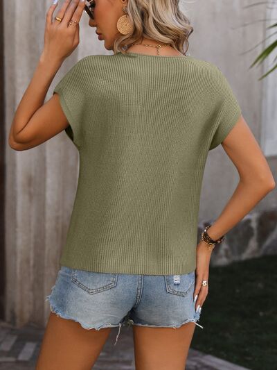 Pocketed Round Neck Cap Sleeve Sweater |1mrk.com