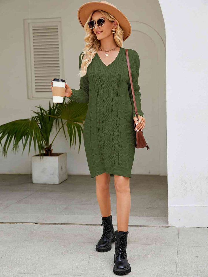 Cable-Knit V-Neck Mini Sweater Dress | 1mrk.com