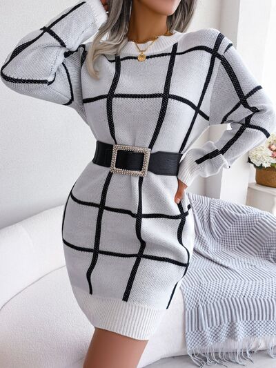 Plaid Round Neck Dropped Shoulder Sweater Dress |1mrk.com