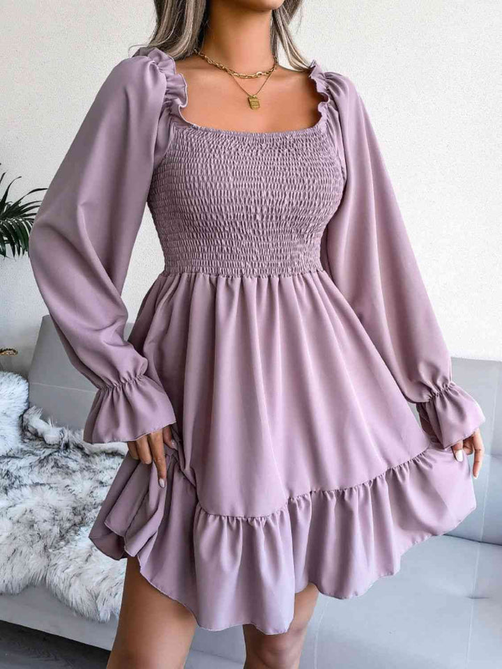 Smocked Flounce Sleeve Square Neck Dress |1mrk.com