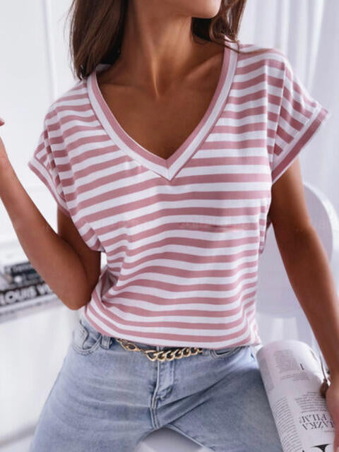 Striped V-Neck Short Sleeve T-Shirt | 1mrk.com