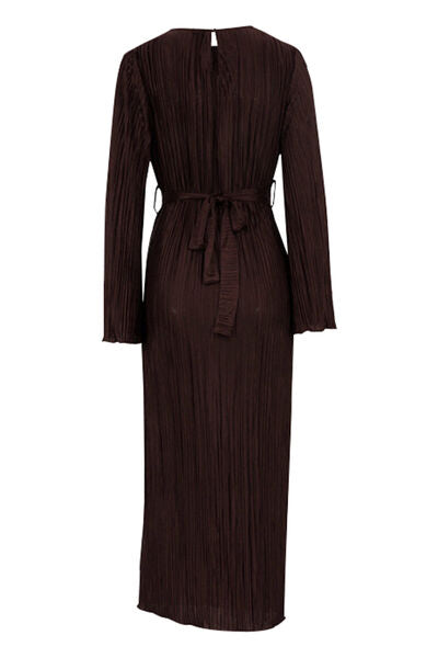 Textured Tied Round Neck Long Sleeve Dress |1mrk.com