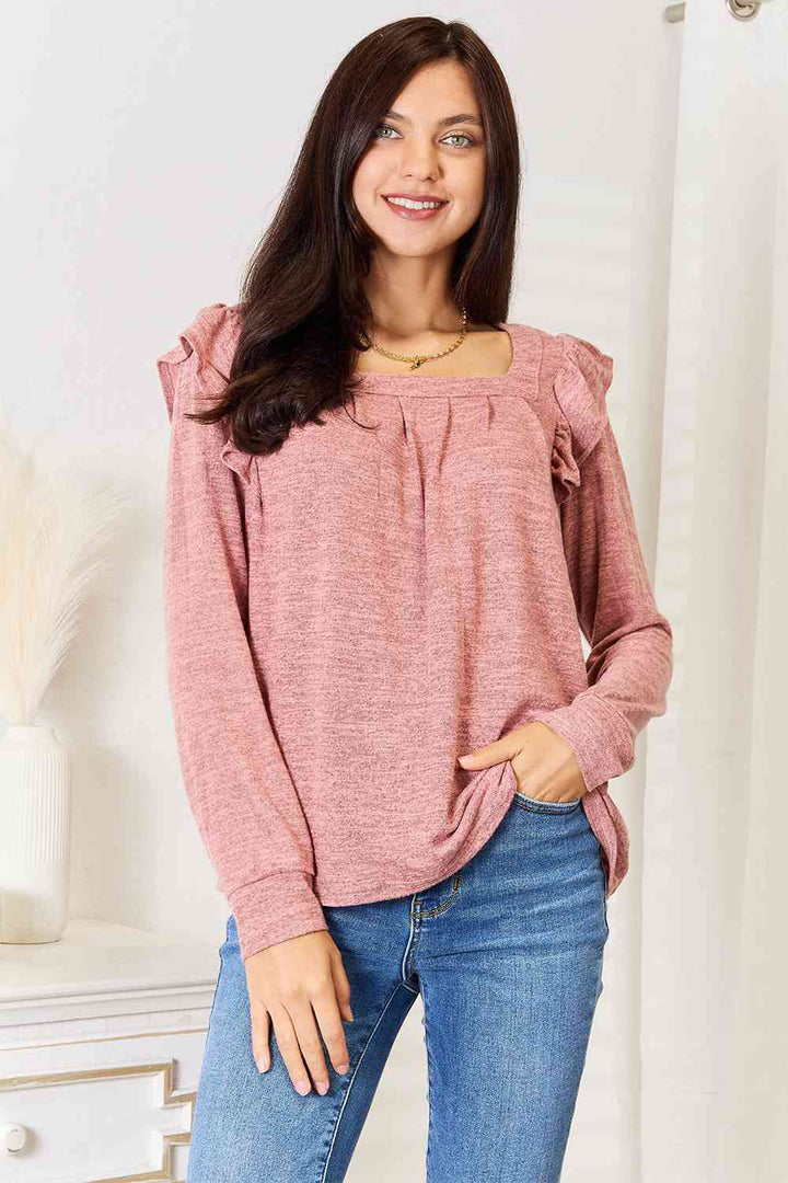 Double Take Square Neck Ruffle Shoulder Long Sleeve T-Shirt | 1mrk.com