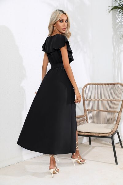 Ruffled Tied V-Neck Midi Dress |1mrk.com