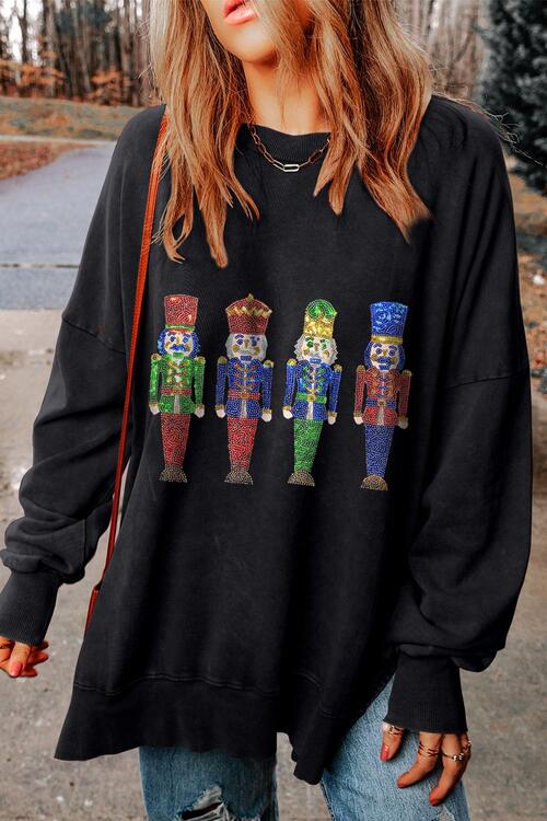 Sequin Nutcracker Long Sleeve Slit Sweatshirt |1mrk.com