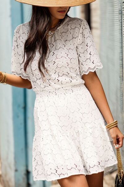 Openwork Round Neck Short Sleeve Dress |1mrk.com