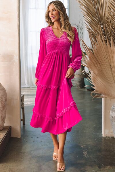 Frill V-Neck Balloon Sleeve Tiered Dress | 1mrk.com