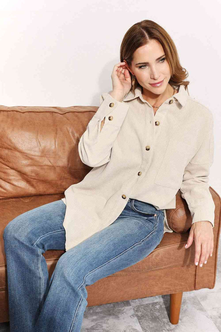 HEYSON Full Size Oversized Corduroy  Button-Down Tunic Shirt with Bust Pocket |1mrk.com