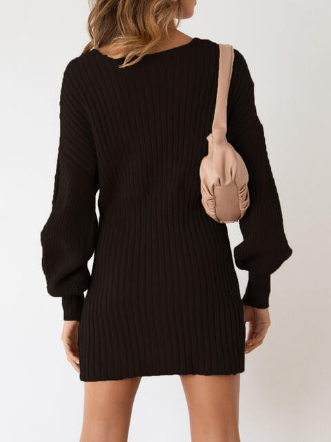 Surplice Neck Long Sleeve Sweater Dress | 1mrk.com
