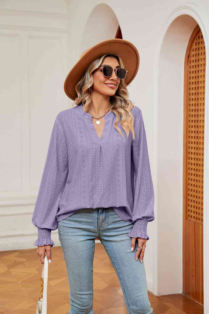 Notched Neck Flounce Sleeve Blouse | 1mrk.com