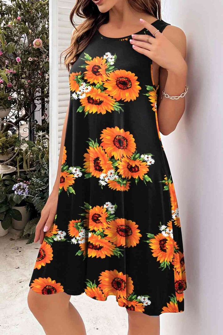 Printed Round Neck Sleeveless Dress |1mrk.com