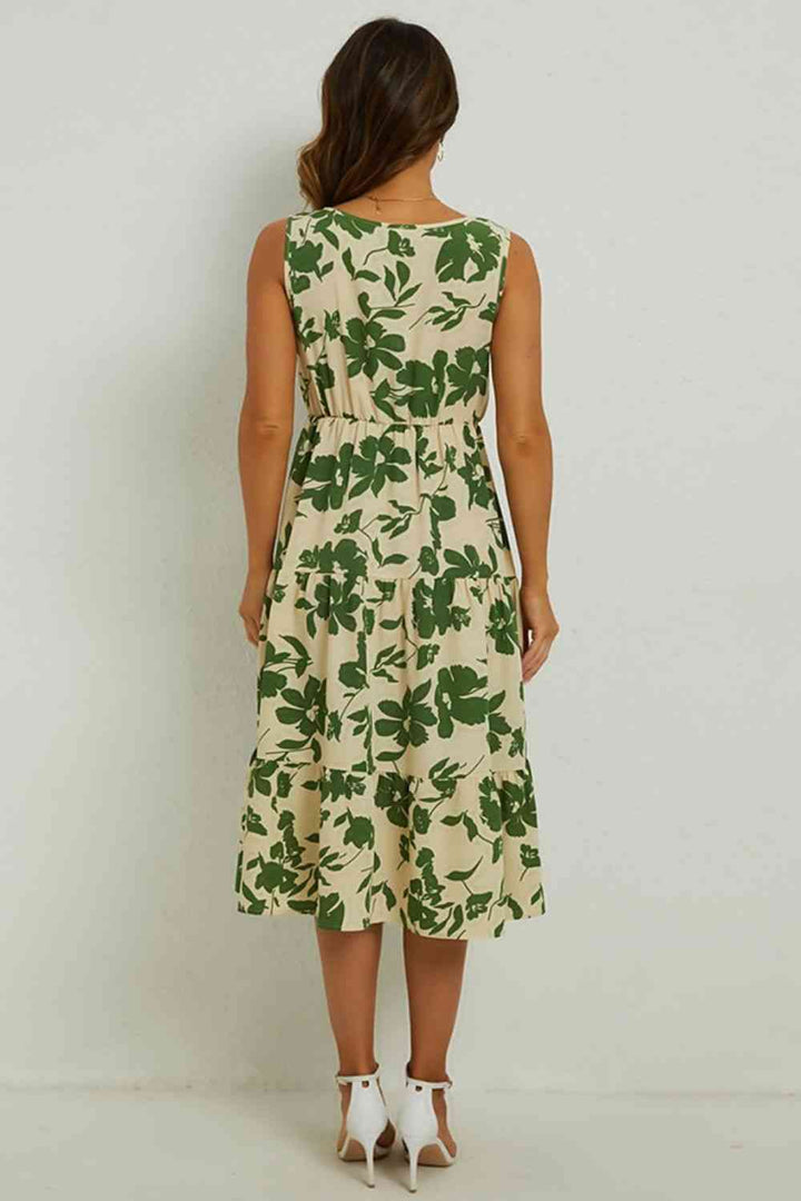 Floral Round Neck Tiered Sleeveless Dress |1mrk.com