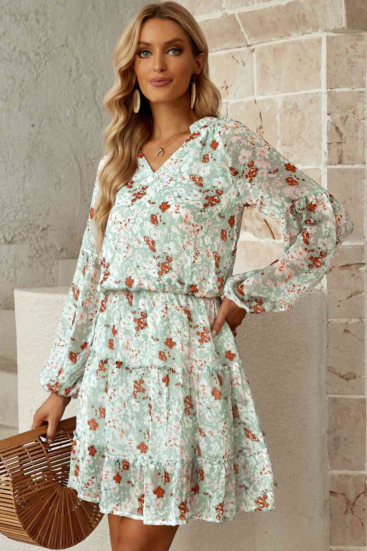 Floral Frill Trim Puff Sleeve Notched Neck Dress |1mrk.com