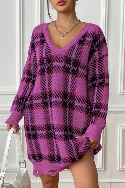 Plaid V-Neck Long Sleeve Sweater Dress | 1mrk.com