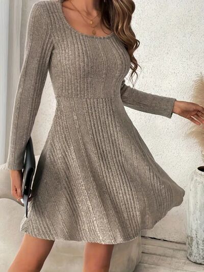 Ribbed Scoop Neck Long Sleeve Sweater Dress | Trendsi