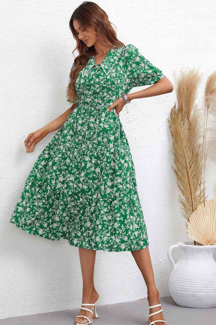 Floral Tie Waist Puff Sleeve Midi Dress |1mrk.com