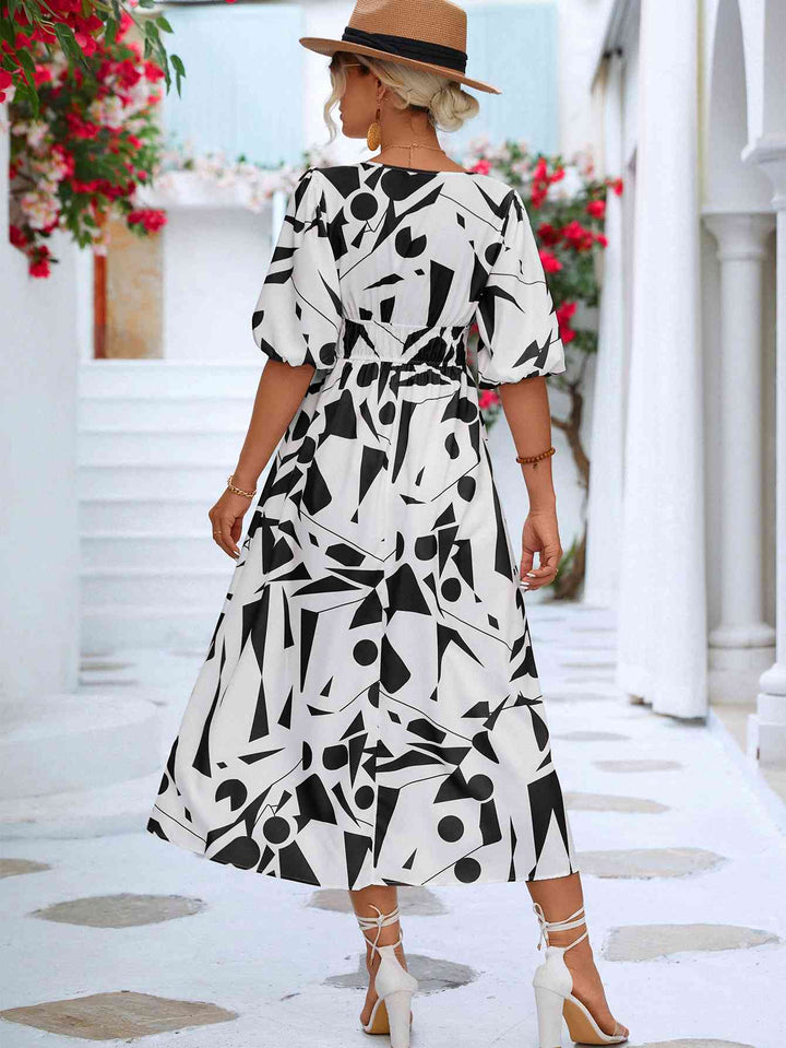 Printed Surplice Balloon Sleeve Dress |1mrk.com