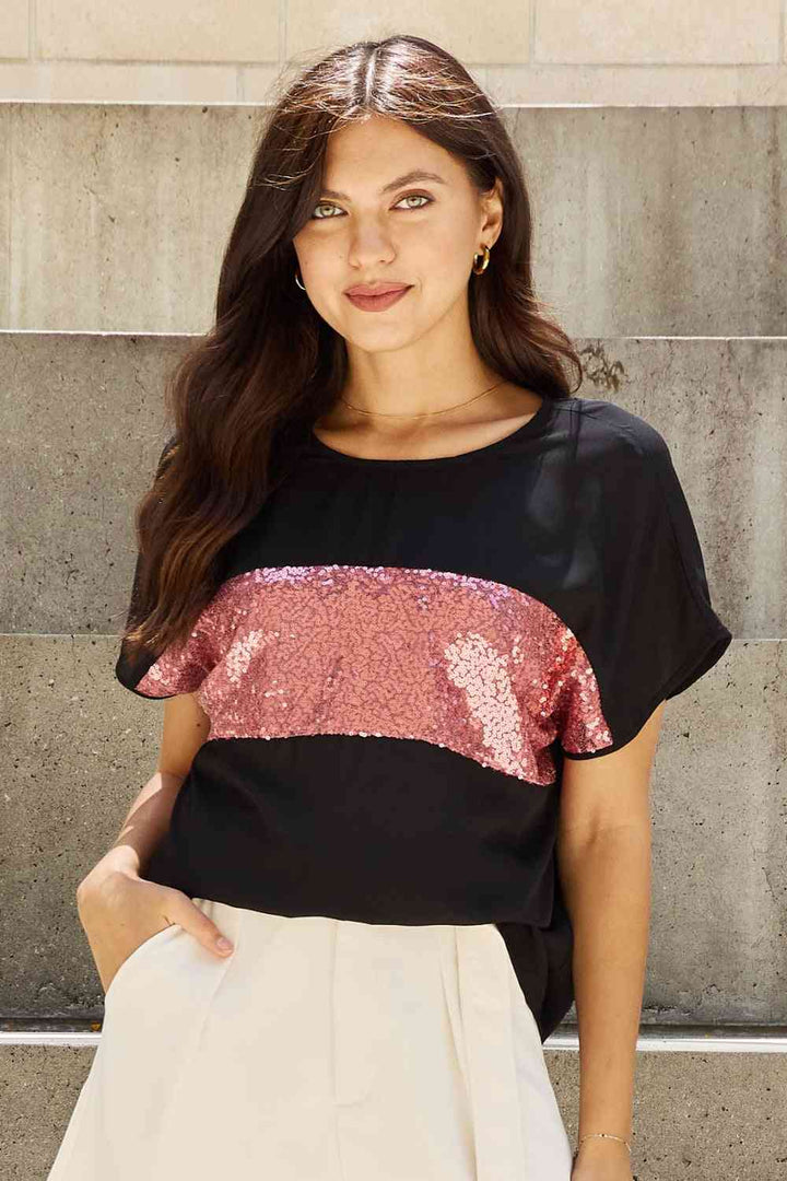 Sew In Love Shine Bright Full Size Center Mesh Sequin Top in Black/Mauve | 1mrk.com