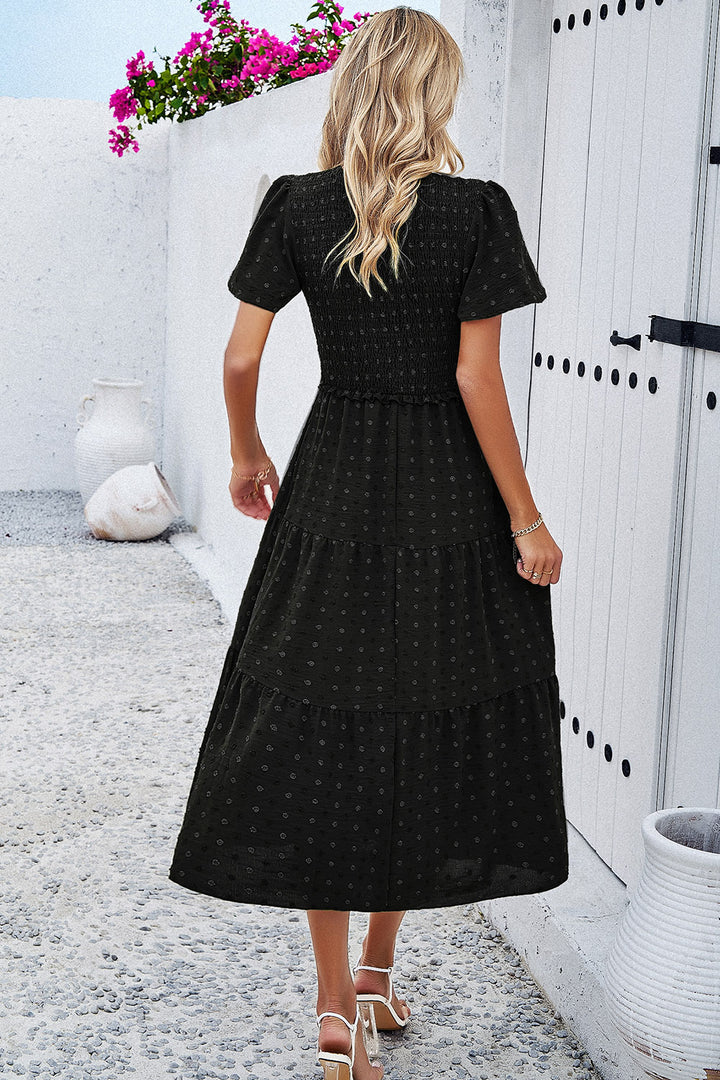 Swiss Dot Short Sleeve Smocked Dress | Trendsi