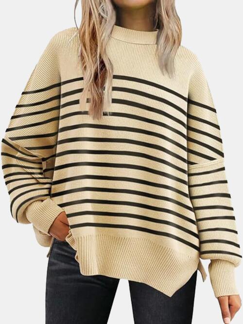 Round Neck Drop Shoulder Slit Sweater |1mrk.com