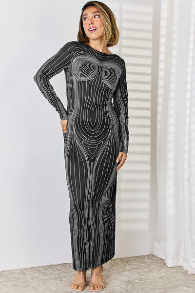 Cutout Round Neck Long Sleeve Maxi Dress |1mrk.com