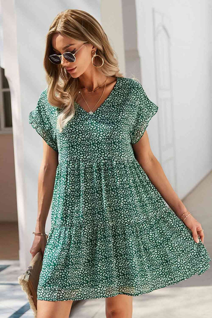 Printed V-Neck Short Sleeve Tiered Dress |1mrk.com