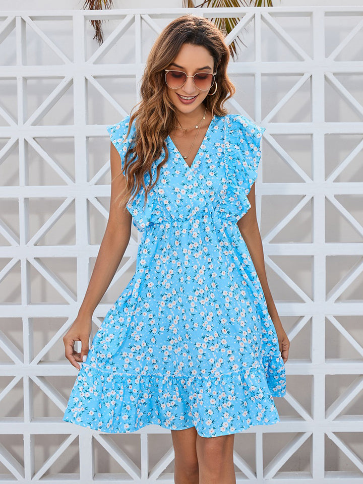 Ruffled Ditsy Floral Surplice Mini Dress | Trendsi